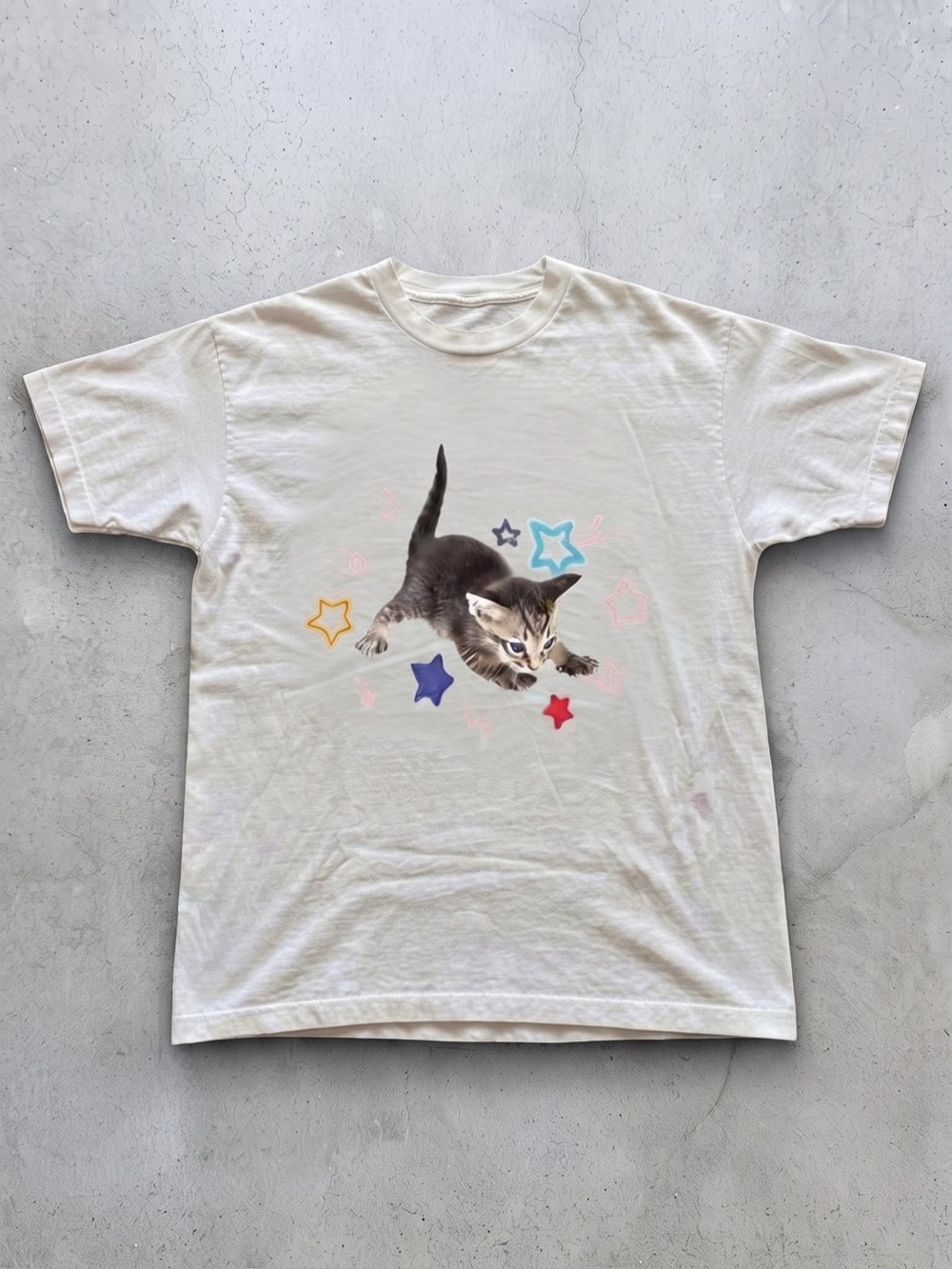 Playful Kitten & Colorful Stars Graphic White Tee - Gildan Cotton T-Shirt